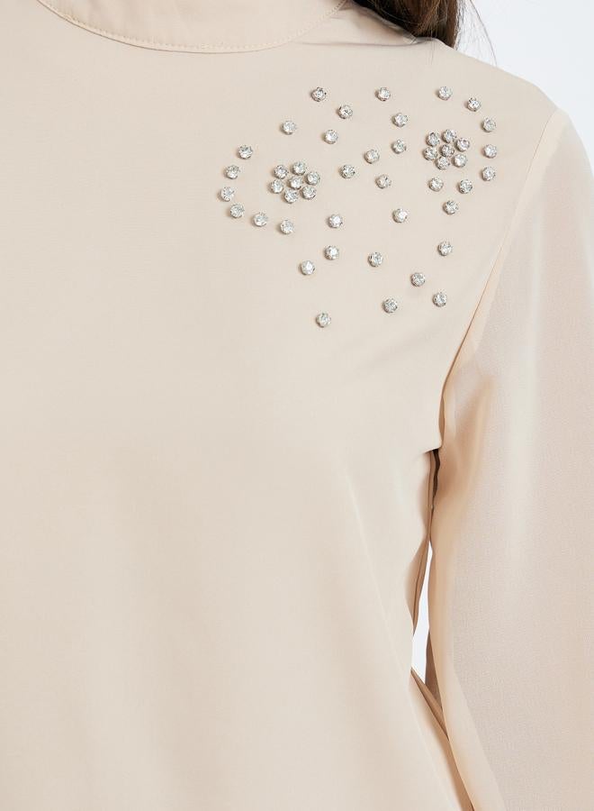 Styli Women Beige Rhinestone-Embellished Top and Pants Co-Ords - Image 2